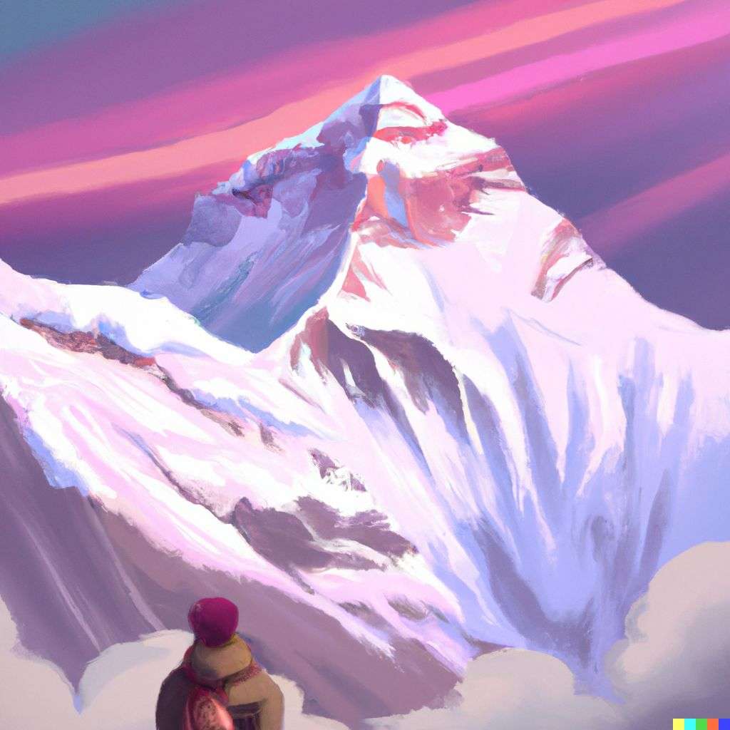 someone gazing at Mount Everest, 3D digital painting, soft gradients, bright colors